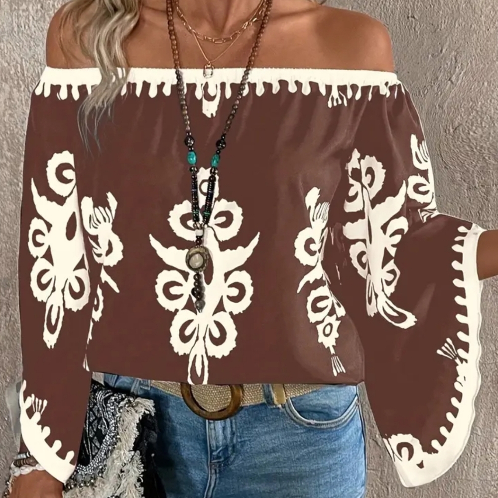 Ladies Classy Off The Shoulder Geometric Top (multi-sizes)